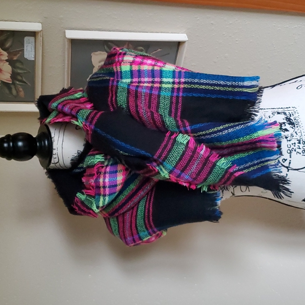 Fair Isle Blanket Scarf Blue Pink Green